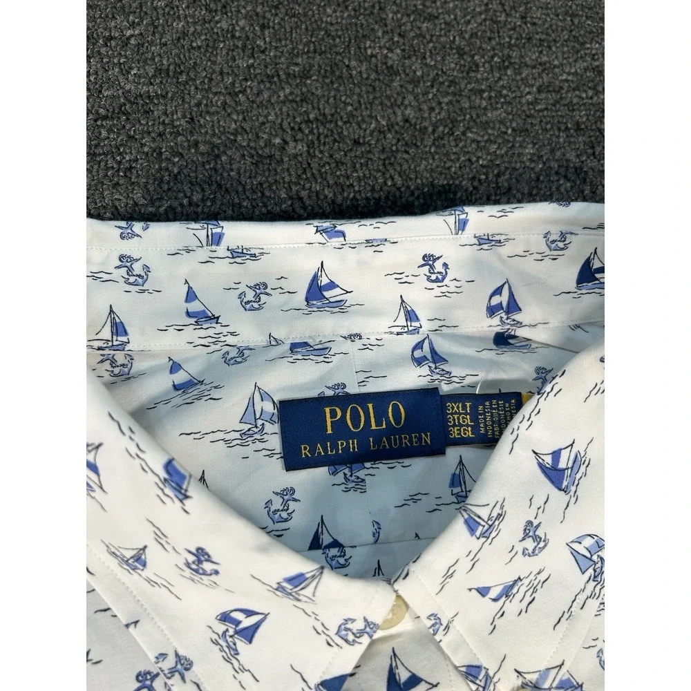 New Polo Ralph Lauren Shirt 3XLT White‎ Sailboat Print Nautical Preppy Stretch